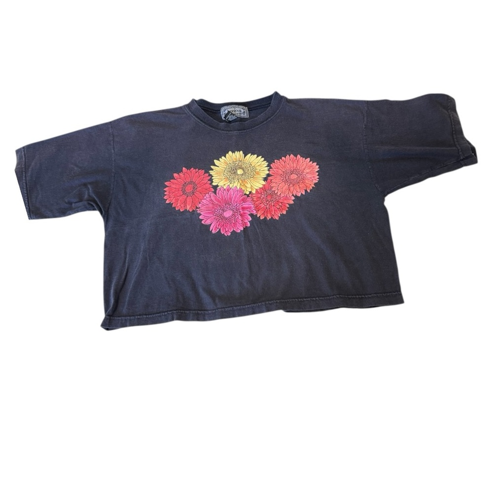 Vintage 100% cotton BonJour Daisy Cropped T-shirt black floral short-sleeved top - Picture 2 of 5